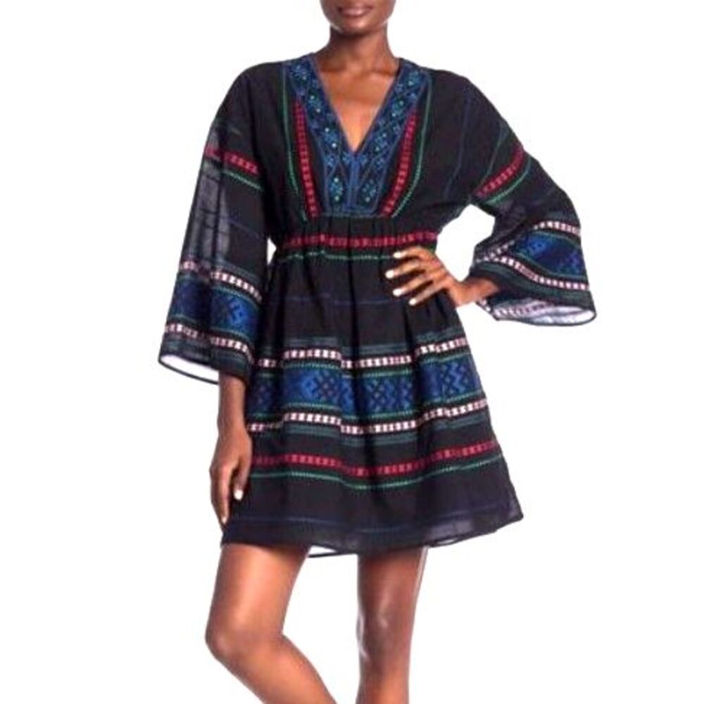 Joie Shada Black Cotton Embroidered Bell Sleeve Mini Dress S Boho Folk